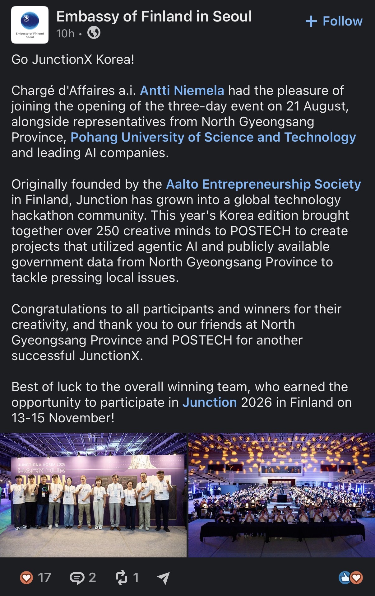 Embassy of Finland in Seoul post congratulating the JunctionX Korea 2026 winners and inviting the overall winning team to Junction 2026 in Finland